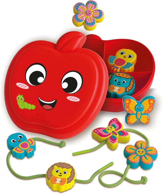 Happy Apple & Friends, Gioco Montessori da Infilare, attivita Educativa , Stimola Manualita Fine e Logica, con 8 Personaggi, Baby Clementoni, Eta 18+ mesi