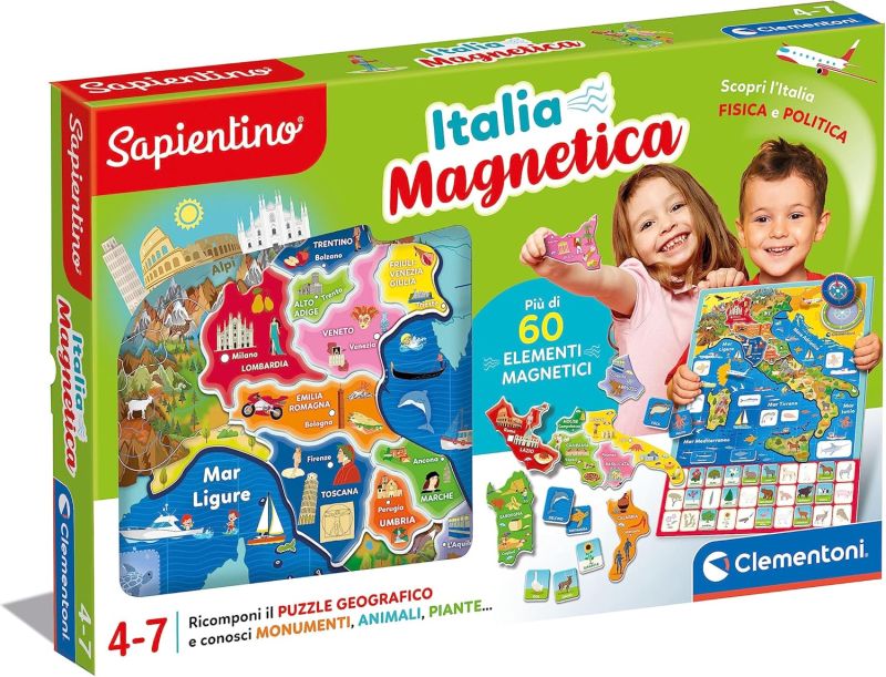 Sapientino - Geo-Puzzle Magnetico Italia - Puzzle con Cartina Dell`Italia Fisica, Gioco Educativo di Geografia, Clementoni, Eta 4-7 anni