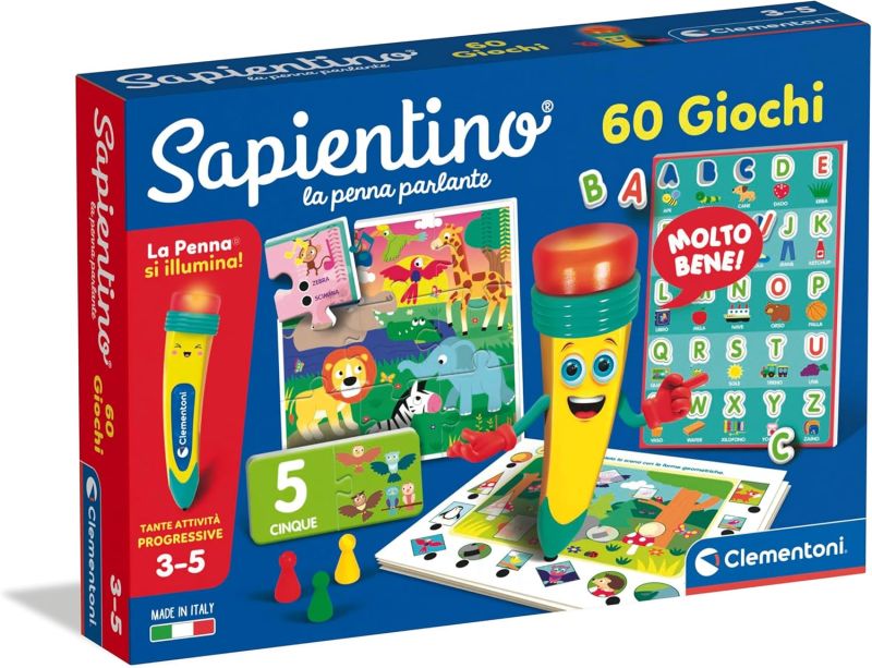 Sapientino - La Penna Parlante 60 Giochi, Gioco Educativo con Puzzle e Schede Illustrate per Imparare Alfabeto, Numeri e Logica,Clementoni,Eta 3-5 anni