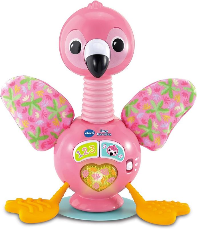 VTech Fenny, Tira e Gioca, Fenicottero Interattivo Sensoriale con Luci e Suoni per Bambini, Gioco Neonato Sensoriale con Base con Ventosa per Stabilita, Lingua Italiana, Batterie Incluse, Eta 6- 24 mesi