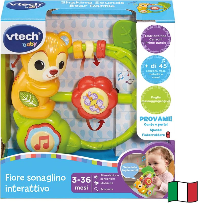 VTech Fiore, Sonaglino Interattivo con Molte Attivita per lo Sviluppo della Motricita, Giochi Neonato con Sensore di Movimento, Lingua Italiana, Batterie Incluse, Eta 3-36 mesi
