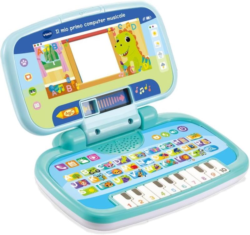 VTech Il Mio Primo Computer Musicale, Computer Interattivo Bambini, Computer con 4 Applicazioni/Giochi, Pratica Maniglia, Gioco Bambino con Tastiera ABC, Lingua Italiana, Batterie Incluse, Eta 2-5 anni