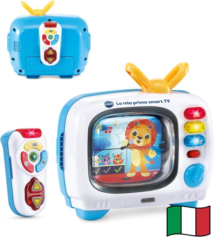 VTech La Mia Prima Smart TV, Televisione Interattiva per Bambini, Telecomando Interattivo Incluso, 10 Canali, 5 Canali Bilingue Italiano e Inglese, Spegnimento Automatico, Batterie Incluse, Eta 12-36 mesi