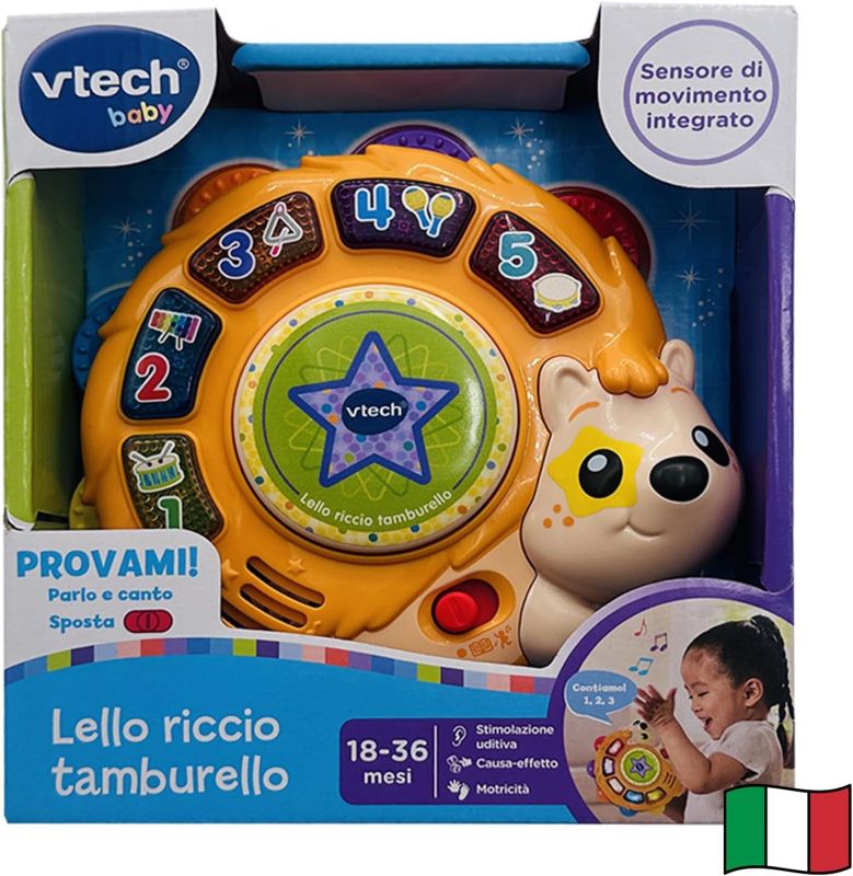 VTech Lello Riccio Tamburello, Gioco Musicale Interattivo per Bambini con Modalita Apprendimento e Ballo, Tamburo Bambini con 50 Frasi e Canzoni, Lingua Italiana, Batterie Incluse, Eta 18-36 mesi