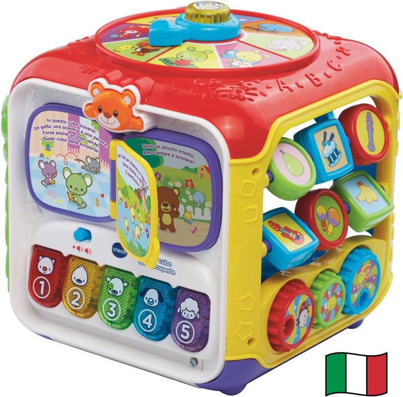 VTech Super Cubo delle Scoperte, Cubo con Giochi Educativi per Bambini, Giocattolo con Forme e Pianoforte, Gioco Interattivo con Tante Attivita, Lingua Italiana, Batterie Incluse ,Eta 9-36 mesi