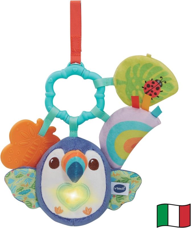 VTech Tiki il Tucano, Anello Sensoriale, Gioco Neonato Sensoriale Musicale con Sonaglio e Massaggiagengive, Giochi Neonato con Tessuti Morbidi al Tatto, Lingua Italiana, Batterie Incluse,Eta 3-36 mesi