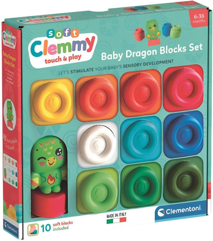 Soft Clemmy - Baby Dragon Blocks Set, 10 Mattoncini Morbidi per Bambini 6+ Mesi, Personaggio Fantasy, Lavabili e Atossici, Sviluppo Sensoriale e Manualita, Baby Clementoni, Eta 6-36 mesi