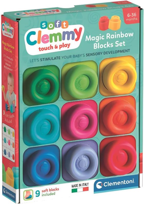 Soft Clemmy - Magic Rainbow Blocks Set, 9 Mattoncini Morbidi per Bambini 6+ Mesi, Gioco Prima Infanzia Made in Italy, Lavabili e Atossici, Sviluppo Sensoriale e Manualita, Clementoni, Eta 6-36 mesi