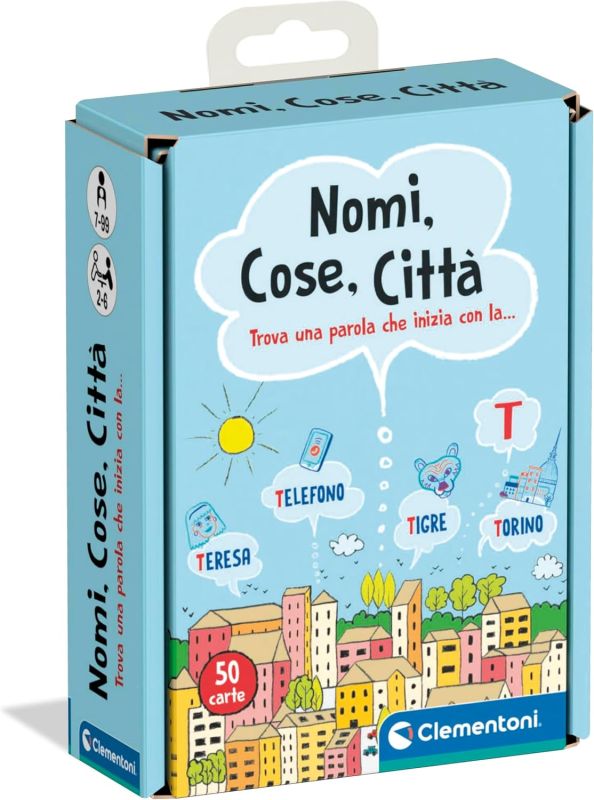 Nomi Cose e Citta, Mazzo di 50 Carte su Parole e Categorie, 2-6 Giocatori,Clementoni, Eta 7-99 anni