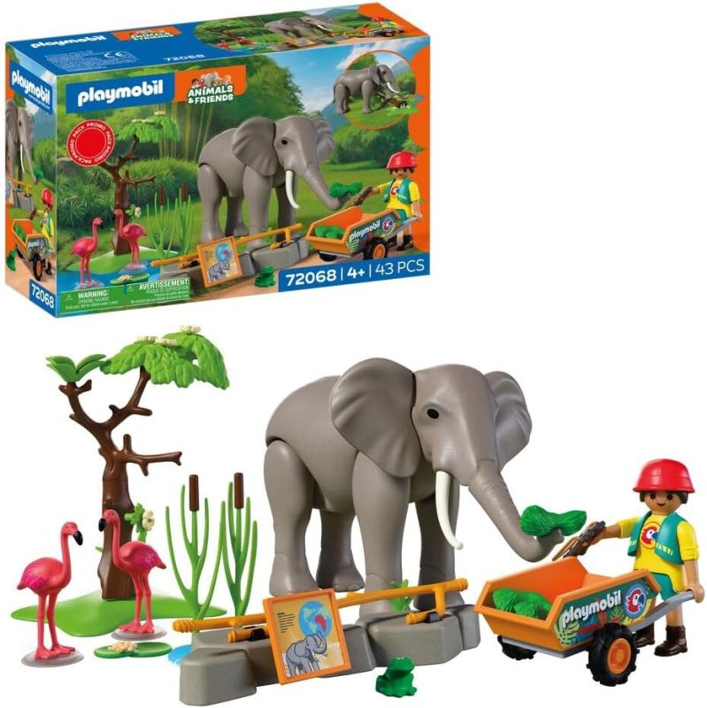 PLAYMOBIL | Animal & Friends | Elefante con guardiano dello zoo | Set di giocattoli dello zoo con 4 animali e accessori per il recinto, Eta 4+