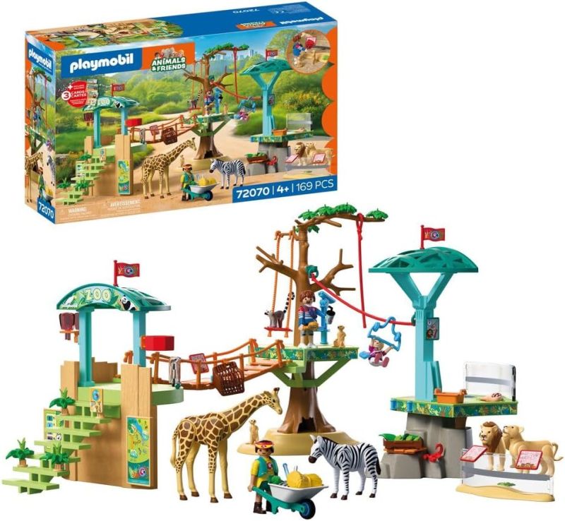 PLAYMOBIL | Animals & Friends | Zoo Parco avventura con animali | 3 piattaforme con funivia e ponte sospeso, Eta 4+
