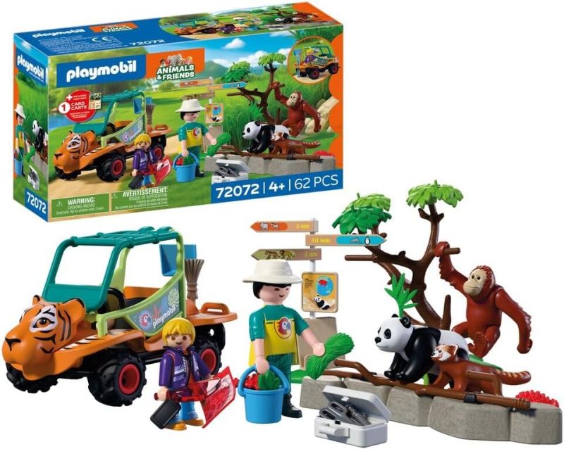 PLAYMOBIL | Animals & Friends | Zoo Guardiano di zoo con veicolo | Veicolo con testa di tigre e 3 animali, ETa 4+