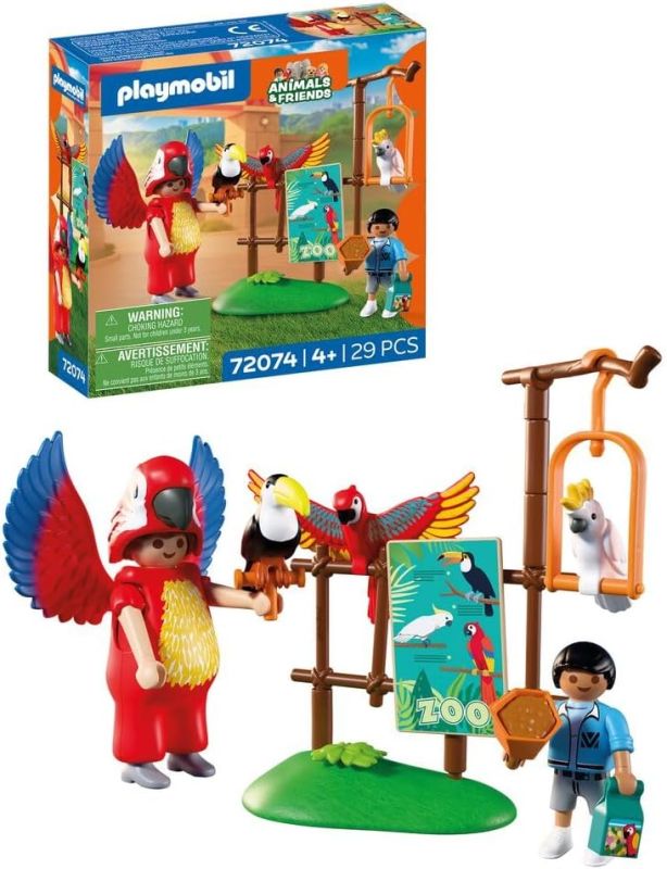 PLAYMOBIL | Animals & Friends | Zoo Mascotte | Mascotte dello zoo | uomo in costume da pappagallo con 3 uccelli tropicali, Eta 4+