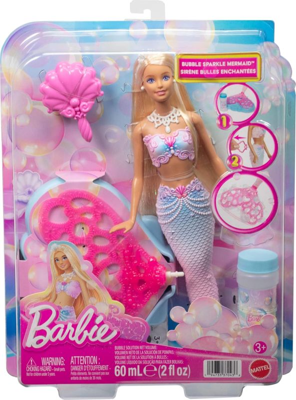 Barbie - Sirena Bolle di Sapone, bambola dai lunghi capelli biondi con ciocca colorata, funzione e soluzione magica per creare le bolle incluse, Mattel, Eta 3+