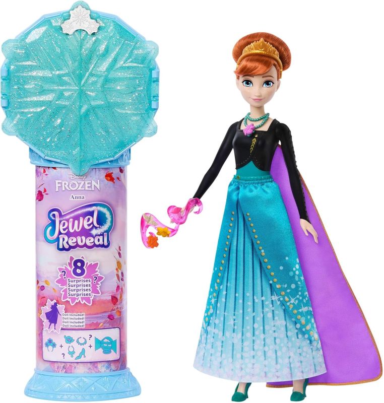 Disney Frozen - Anna Jewel Reveal, bambola ispirata al film con 9 accessori di gioco inclusi, 8 sorprese tra cui portagioie a forma di fiocco di neve e anello indossabile, Mattel, Eta 3+