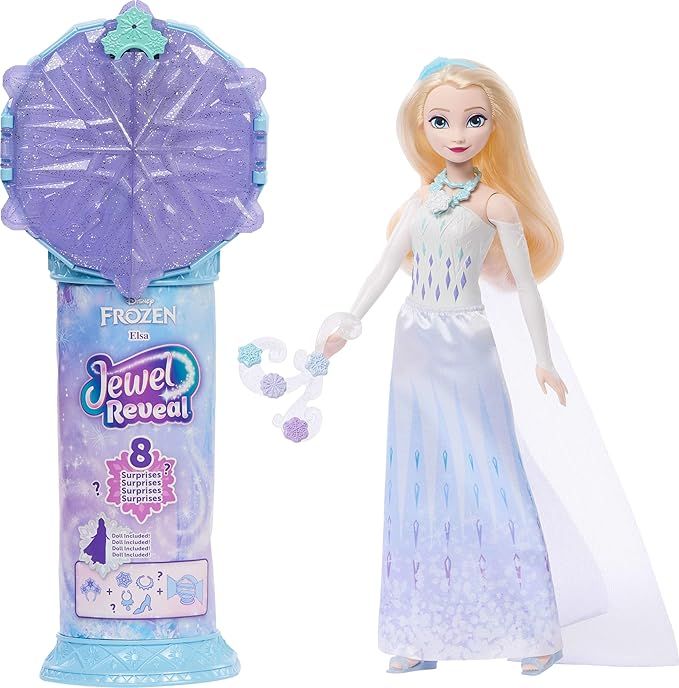 Frozen - Elsa Jewel Reveal, bambola ispirata al film con 9 accessori di gioco inclusi, 8 sorprese tra cui portagioie a forma di fiocco di neve e anello indossabile,Mattel, Eta 3+