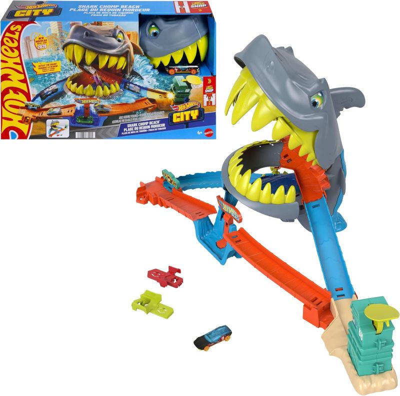 Hot Wheels - Squalo Scontri in Spiaggia, pista con sistema Speed Snap e veicolo incluso, lanciatore per acrobazie nel vuoto, sconfiggi lo squalo e vinci la battaglia,Mattel, Eta4+