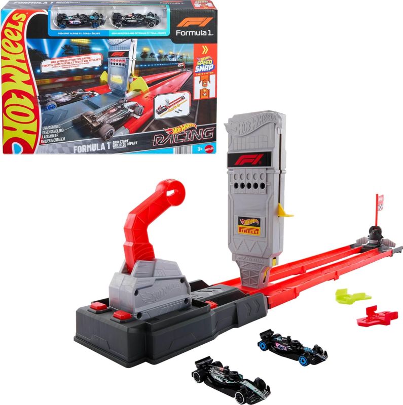 Hot Wheels Racing Formula 1 - Griglia di Partenza, set pista con 2 macchinine da F1 incluse, griglia e torre di partenza con lanciatori e bandiera a scacchi, Mattel,Eta 3+