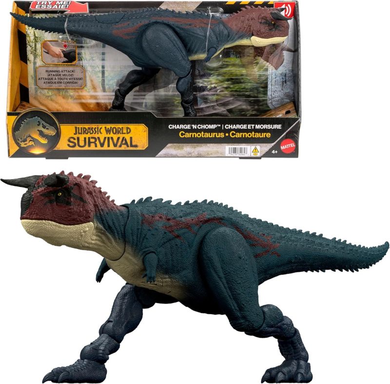 Jurassic World - Carnotauro Charge `N Chomp, dinosauro con ruggiti che corre e morde, azione speciale carica e divora attivabile con pulsante,Mattel,Eta 4+