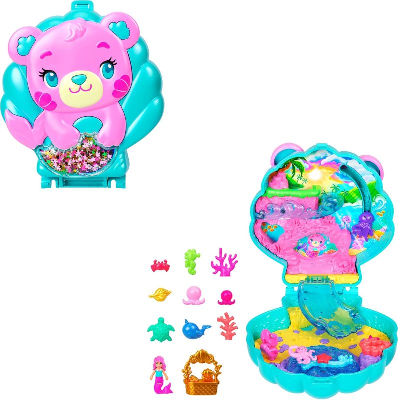 Polly Pocket - Cofanetto Magici Glitter, set portatile a forma di conchiglia con una microbambola sirena, cuccioli marini e 11 accessori a tema inclusi,Mattel,Eta 4+