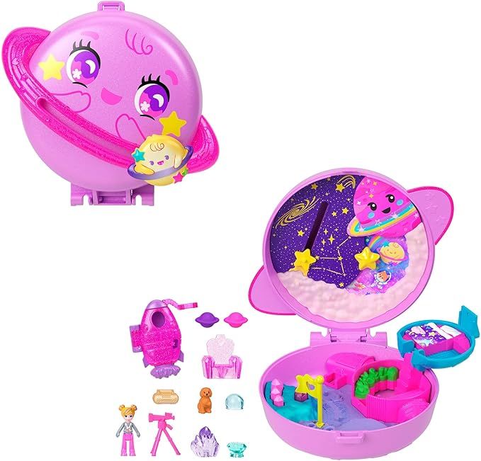 Polly Pocket - Cofanetto Polly Planet, set portatile a forma di pianeta con una microbambola, un amico cucciolo e 10 accessori a tema inclusi, Mattel,Eta 4+