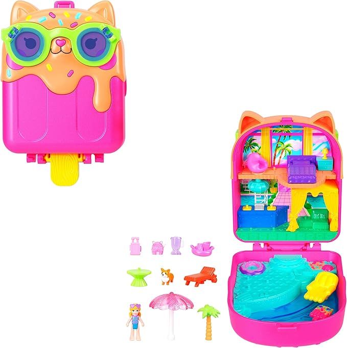 Polly Pocket - Cofanetto Resort Gattino Ghiacciolino, set portatile con una microbambola, un amico cucciolo e 11 accessori a tema inclusi,Mattel, Eta 4+