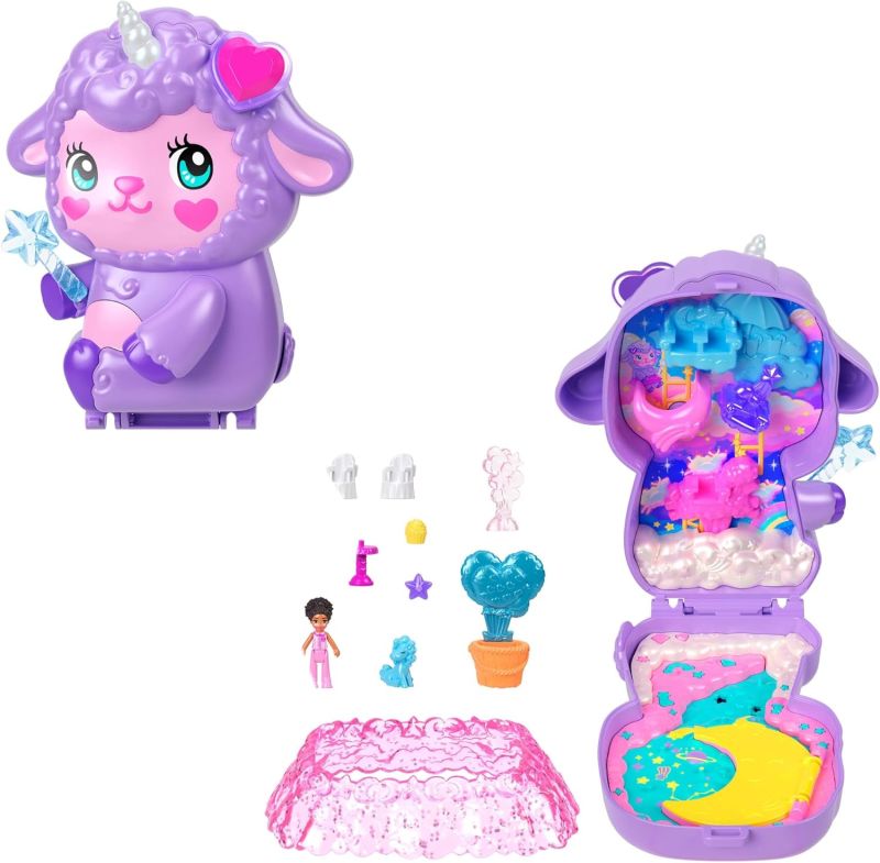 Polly Pocket - Cofanetto Sogni d`Oro, set portatile a forma di agnellino con una microbambola e un unicorno, nove accessori per lo styling inclusi,Mattel,Eta 4+