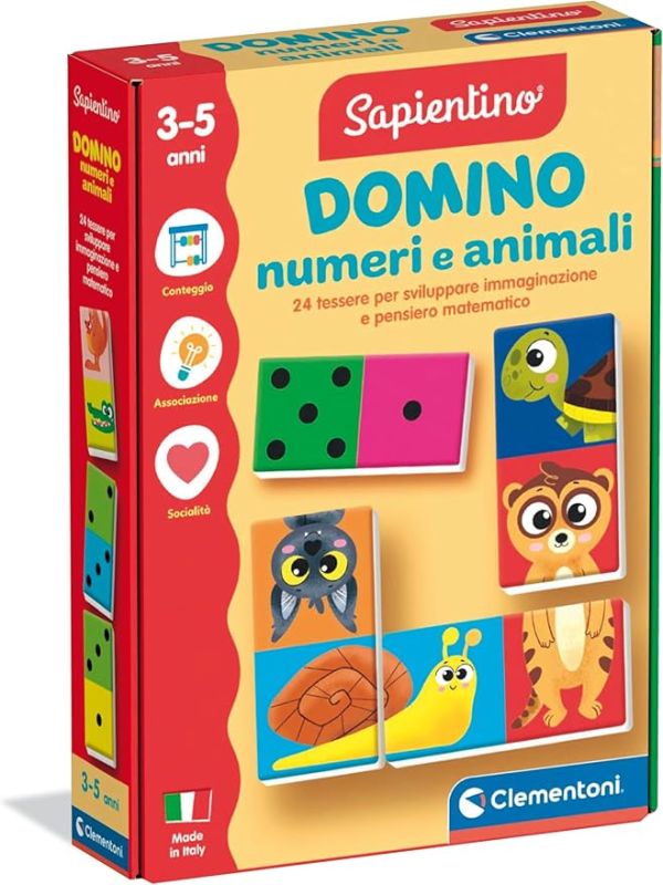 Sapientino - Domino Numeri e Animali, Gioco Educativo Metodo Montessoriano per Bambini 3-5 Anni per Riconoscere Animali e Imparare a Contare, Made in Italy, Lingua Italiana, Clementoni, Eta 3-5 anni