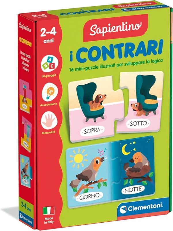 Sapientino - I Contrari, Gioco Educativo con Tessere Incastro per Bambini , Puzzle per Sviluppare Il Linguaggio e la Logica, Made in Italy, Lingua Italiana, Clementoni,Eta 2-4 anni