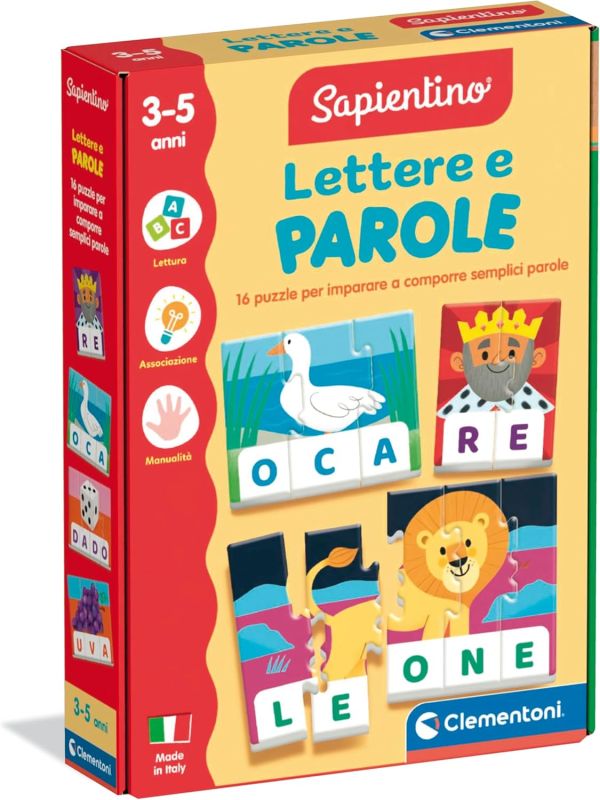 Sapientino - Lettere e Parole, Gioco Educativo Bambini 3-5 Anni, Puzzle per Imparare Alfabeto e Parole e Stimolare la Manualita, Made in Italy, Lingua Italiana,Clementoni,Eta 3-5 anni