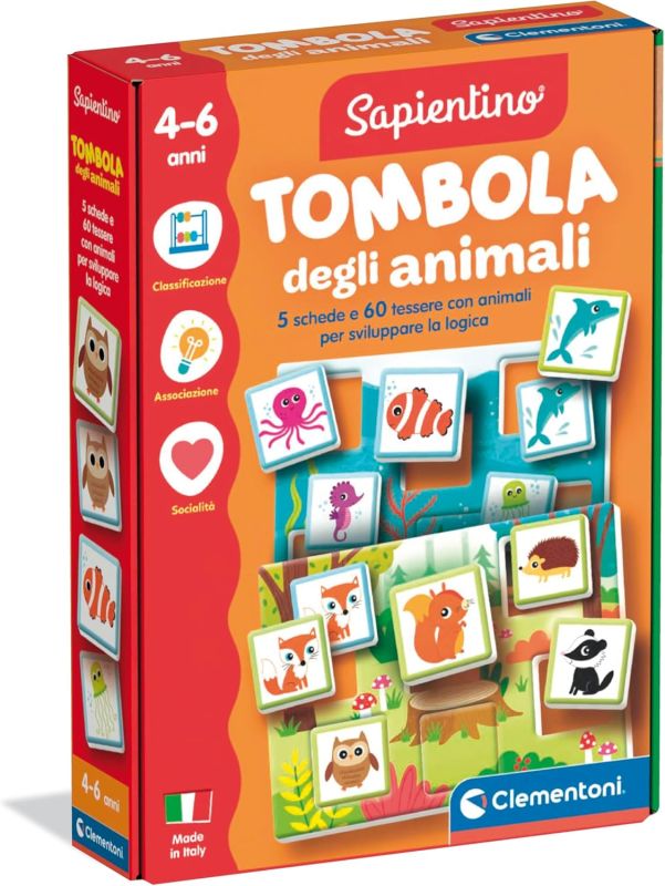 Sapientino - Tombola degli Animali, Gioco Educativo con 60 Tessere Illustrate, Flashcards per Stimolare Osservazione e Memoria, Made in Italy, Lingua Italiana,Clementoni, Eta 4-6 anni