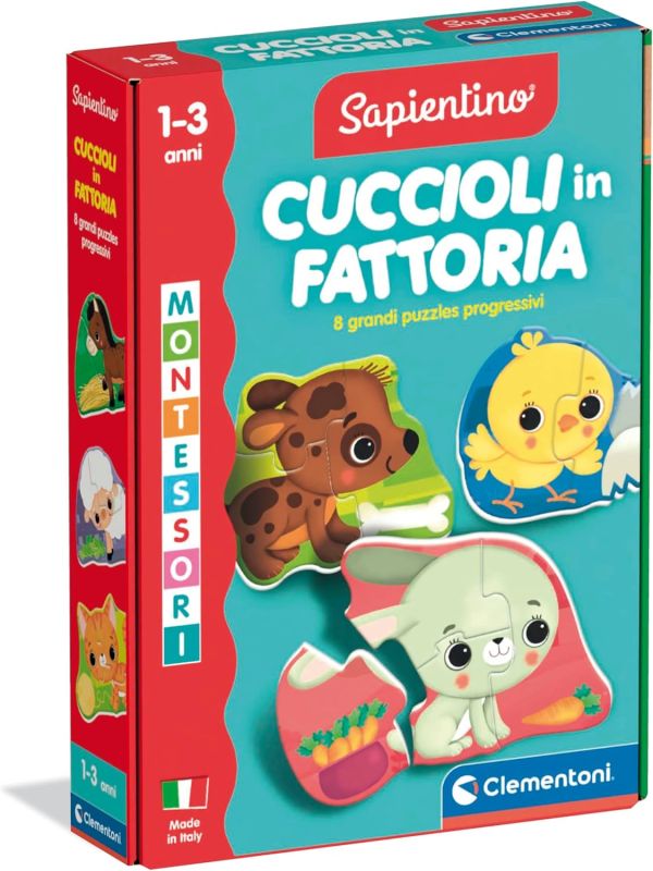 Sapientino Baby - Cuccioli in Fattoria, Gioco Educativo Montessori per Bambini , Puzzle Sagomati Colorati per Scoprire Gli Animali, Made in Italy, Lingua Italiana, Clementoni, Eta 1-3 anni