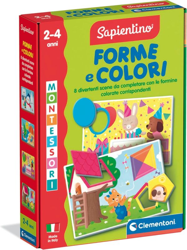 Sapientino Montessori - Forme e Colori, Gioco Educativo Bambini 2-4 Anni, 8 Puzzle a Incastro, Metodo Montessoriano per Imparare Forme e Colori, Made in Italy, Lingua Italiana, Clementoni, Eta 2-4 anni