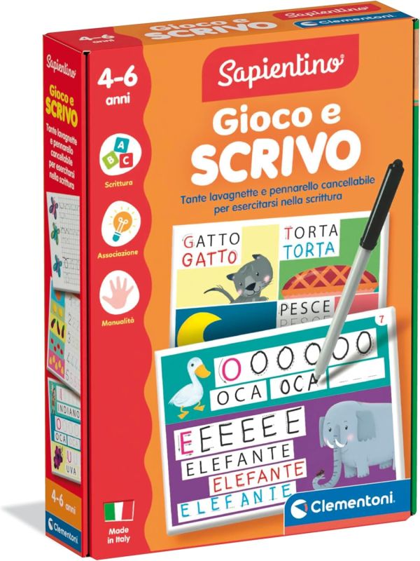 Sapientino Montessori - Gioco e Scrivo, Gioco Educativo Bambini, Lavagnette Riscrivibili per Sviluppare Scrittura e Vocabolario, Made in Italy, Lingua Italiana, Clementoni, Eta 4-6 anni