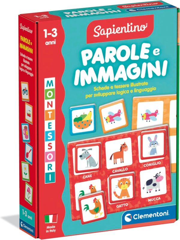 Sapientino Montessori - Parole e Immagini, Gioco Educativo Bambini 1-3 Anni, Flashcards per Riconoscere Animali, Cibi e Oggetti, Stimola il Linguaggio, Made in Italy, Lingua Italiana, Clementoni, Eta 1-3 anni