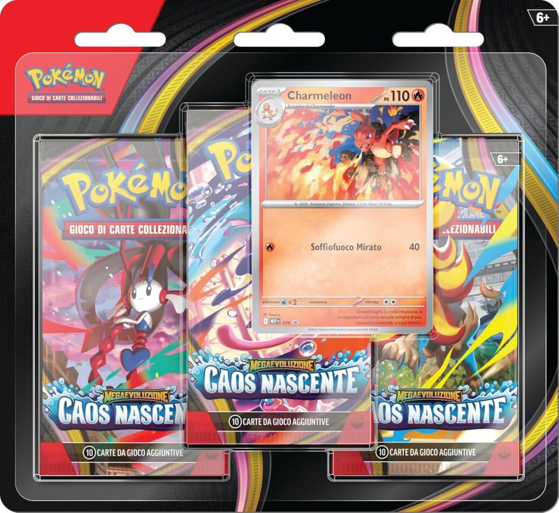 Pokemon Confezione da 3 buste piu una carta promozionale dell`espansione Megaevoluzione Caos Nascente del GCC Pokemon ,Eta 6+