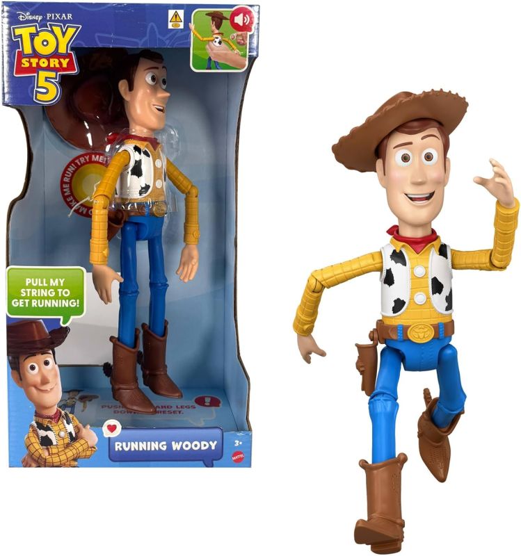 Disney Pixar Toy Story 5 - Running Woody, action figure da 30+ cm con 50 frasi e suoni dal film, tirando la cordicella Woody muove braccia e gambe velocemente,Mattel, Eta 3+