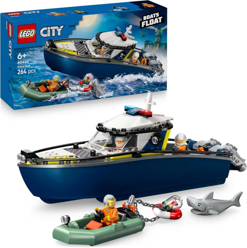 LEGO City Inseguimento del Motoscafo della Polizia ? Include 2 Barche Giocattolo, 3 Minifigure e una Figura di Squalo,Eta 6+