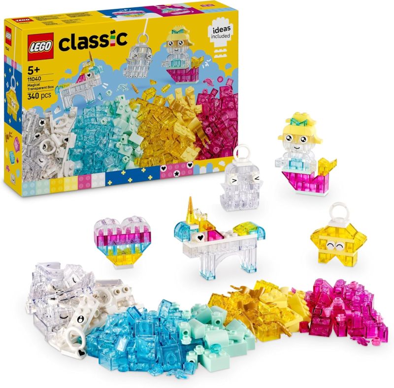 LEGO Classic Scatola Magica Trasparente - Mattoncini Colorati e Clip Portachiavi - Crea Unicorni Giocattolo, Draghi, Uccelli e altre Figure,Eta 5+