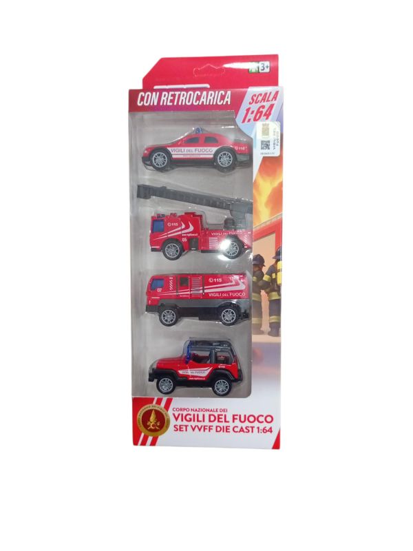 Set 4 veicoli a retrocarica Vigili del fuoco, Scala1:64, Reel Toys, Eta 3+