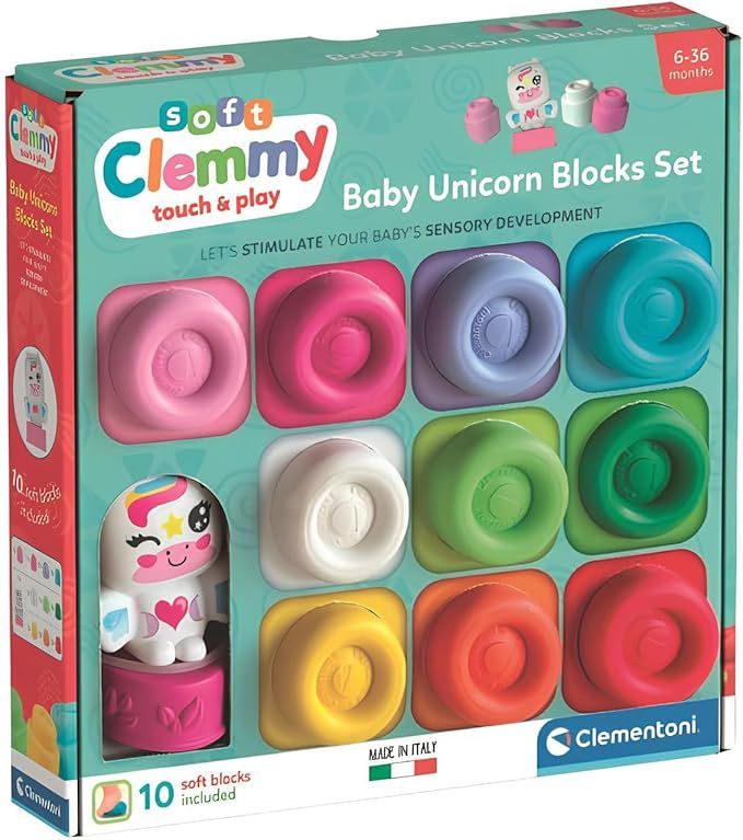 Soft Clemmy - Baby Unicorn Blocks Set, 10 Mattoncini Morbidi, Personaggio Fantasy, Lavabili e Atossici, Sviluppo Sensoriale e Manualita, Baby Clementoni,Eta 6-36 mesi