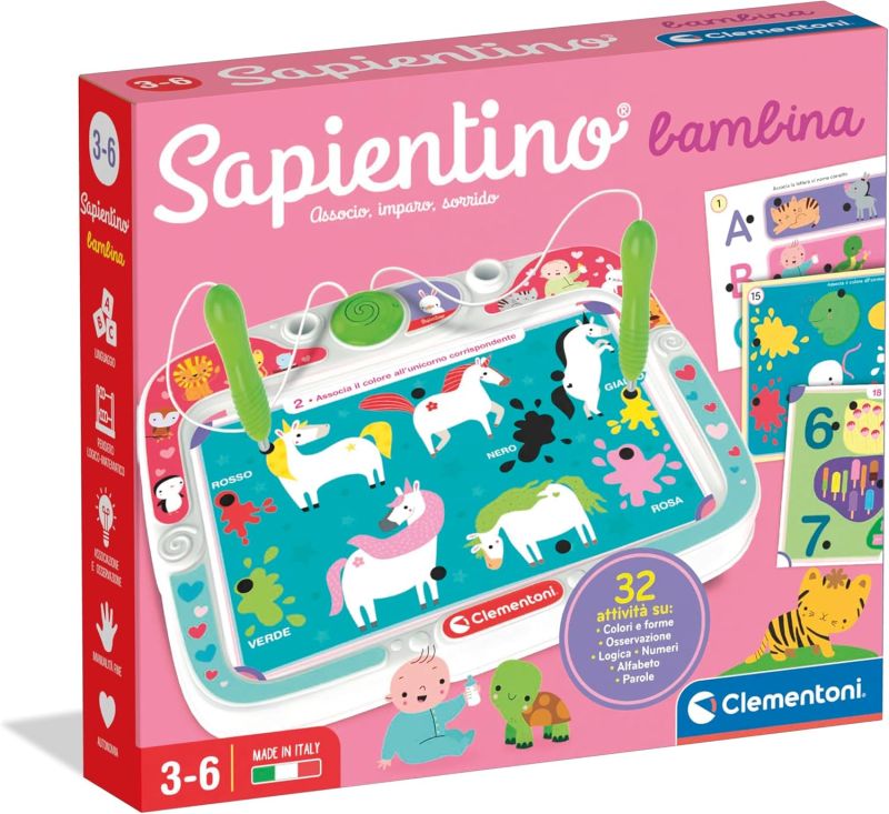 Sapientino - Bambina, Gioco Educativo con Penne Parlanti per Bambini 3-6 Anni, con 16 Schede e piu di 32 attivita su Temi della Scuola dell`Infanzia, Clementoni,Eta 3-6 anni