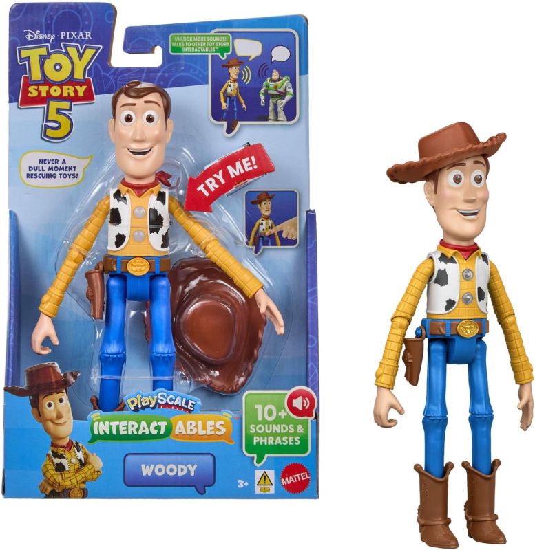 Disney Pixar Toy Story 5 - Woody, personaggio interattivo da 18cm che ripete le frasi del film e interagisce con gli altri personaggi della serie quando sono vicini,Mattel, Eta 3+