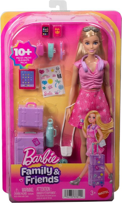 Barbie - Malibu Avventure Senza Limiti, bambola bionda con outfit alla moda e accessori a tema viaggio inclusi tra cui due valigie impilabili, cuffie e tablet, Mattel, Eta3+