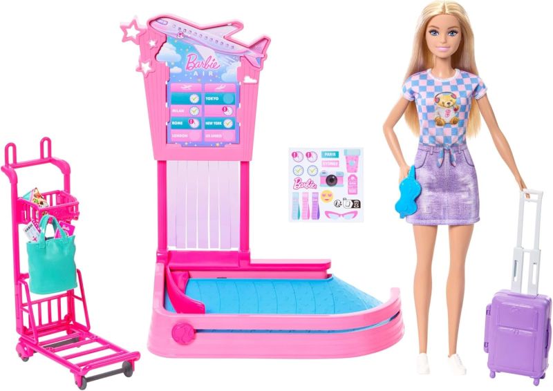 Barbie - Ritiro Bagagli, set con bambola bionda Malibu Avventure Senza Limiti e area ritiro bagagli in aeroporto con accessori a tema, nastro trasportatore, valigie e carrello, Mattel,Eta 3+