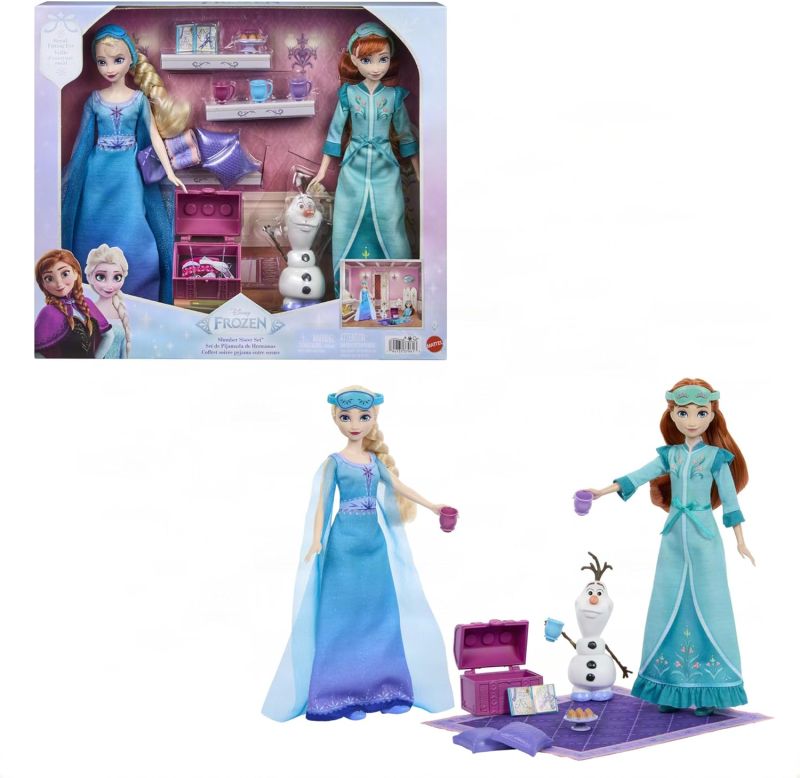Disney Frozen - Pigiama Party tra Sorelle, set con bambole Anna e Elsa, personaggio Olaf e 12 accessori a tema inclusi tra cui camicie da notte e pantofole,Mattel,Eta 3+