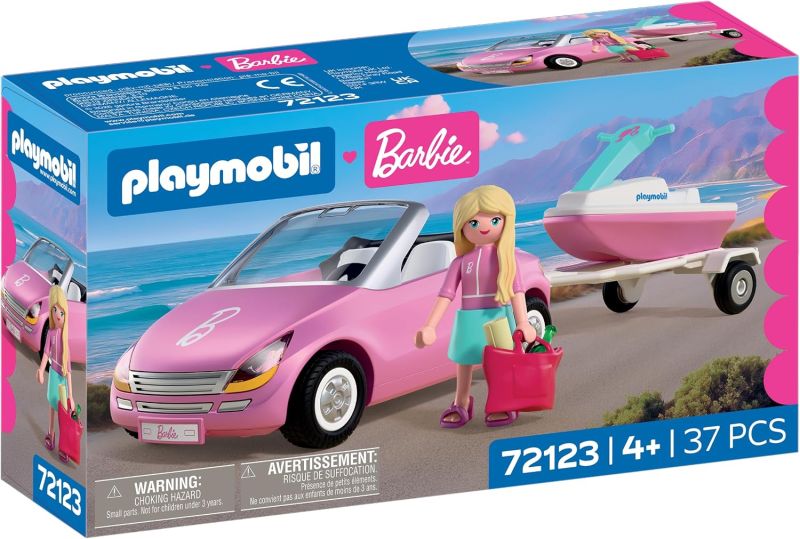 PLAYMOBIL Barbie Cabrio | Decappottabile con rimorchio e moto d`acqua | Avventure estive con Barbie sulla costa di Malibu,Eta 4+