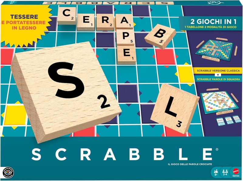 Scrabble in legno, versione in italiano del gioco da tavolo con le parole, doppia modalita di gioco girando il tabellone e tessere in legno,Mattel, Eta 8+