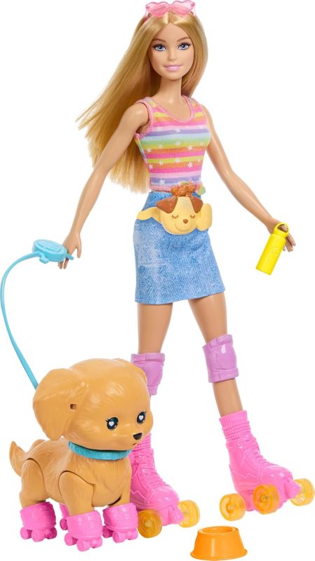 Barbie - Cucciolo sui pattini, set con bambola dai capelli biondi e cucciolo, guinzaglio e pattini coordinati, include occhiali da sole e accessori per animali,Mattel, Eta 3+