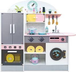 Cucina giocattolo ad angolo per bambini set cucina in legno con frigorifero a doppia porta, Cucina giocattolo con contenitori in tessuto e 12 accessori 2 Colori